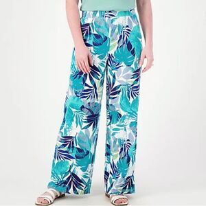 Denim & Co Beach Wide Leg Pants Aqua Palm Sz 1X Tall